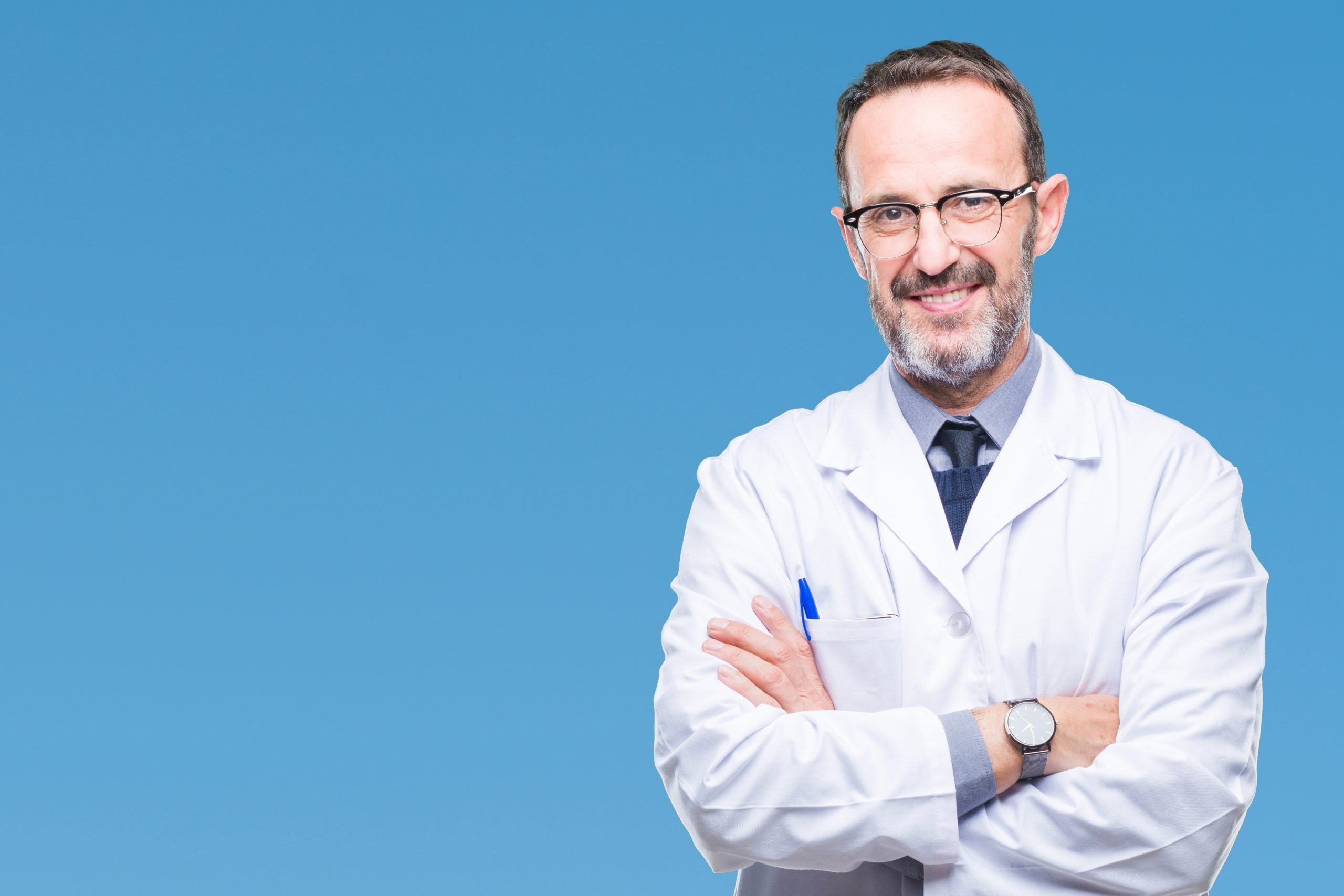 Middle,Age,Senior,Hoary,Professional,Man,Wearing,White,Coat,Over